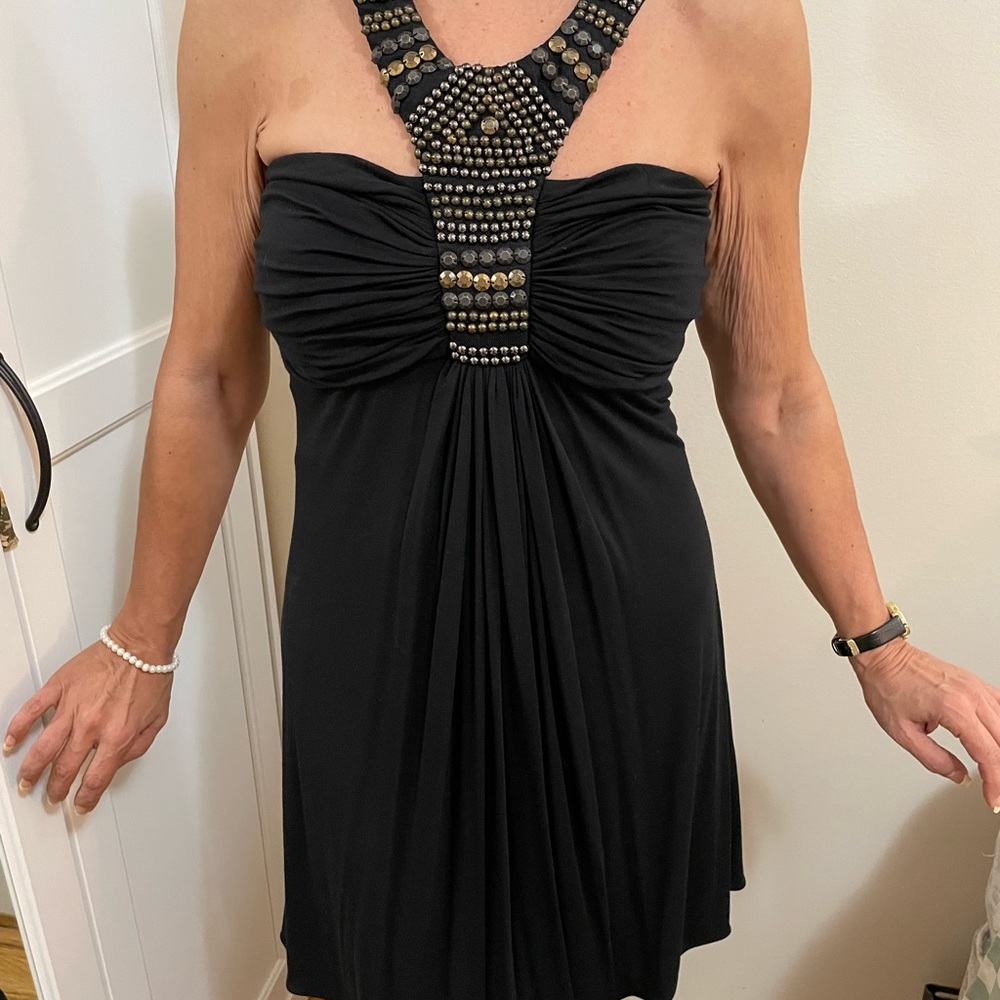 Sky brand size medium beaded, black cocktail mini dress. Like new!